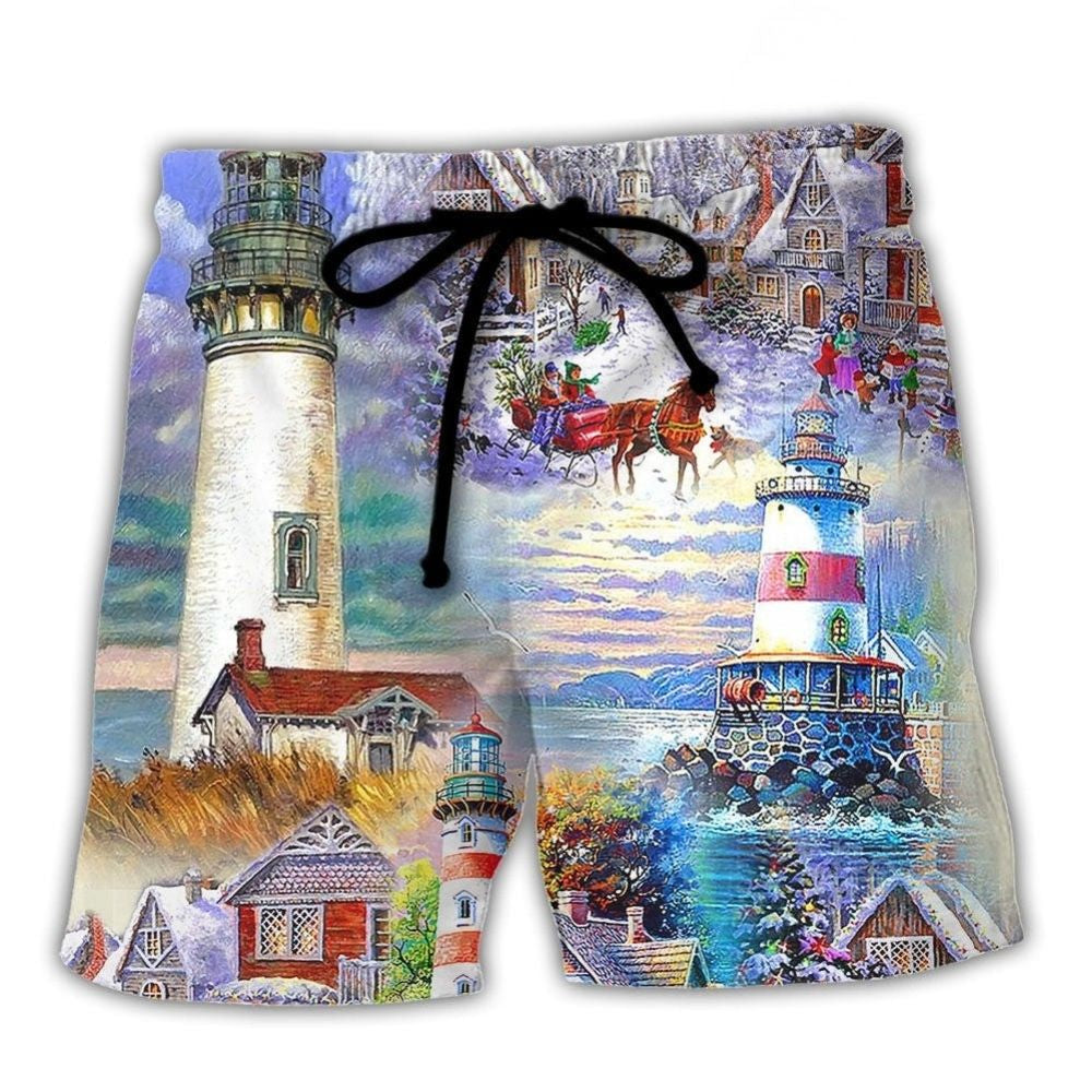 Christmas Lighthouse Santa Storm Beach Shorts Artwork Detail For Comfortable Everyday Summer Wear