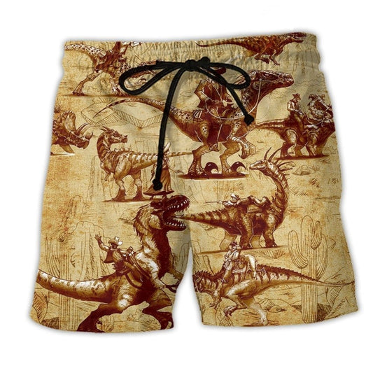Cowboy Dinosaur Yellow Beach Shorts For Summer Vacation And Coastal Travel