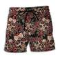 Red Floral Sugar Skull Beach Shorts Pattern View For Resort Days And Outdoor Activities