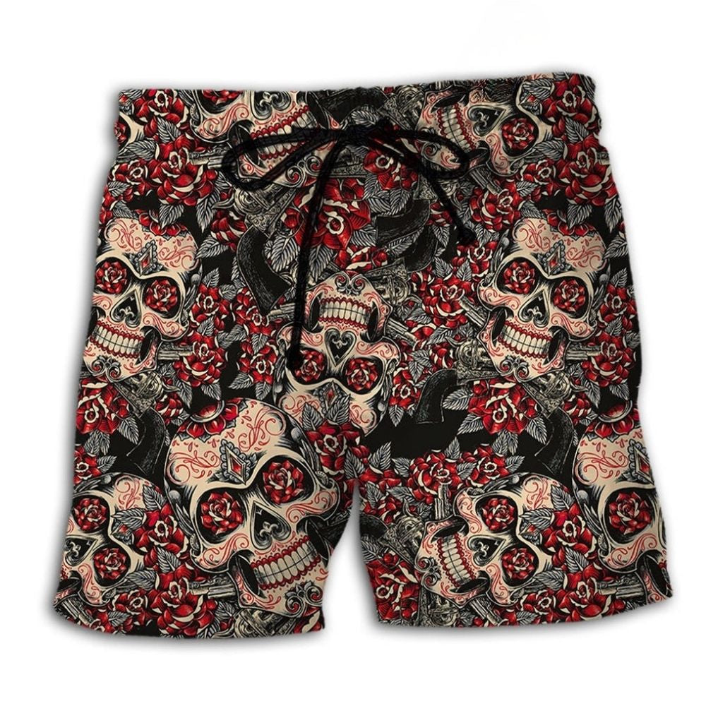 Red Floral Sugar Skull Beach Shorts Pattern View For Resort Days And Outdoor Activities