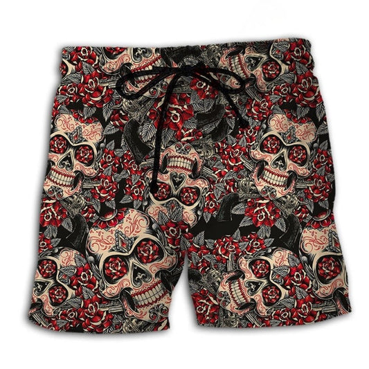 Red Floral Sugar Skull Beach Shorts Pattern View For Resort Days And Outdoor Activities