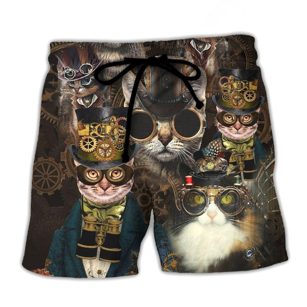Steampunk Cat Machine Fantasy Beach Shorts For Outdoor Adventures And Thoughtful Seasonal Gifts