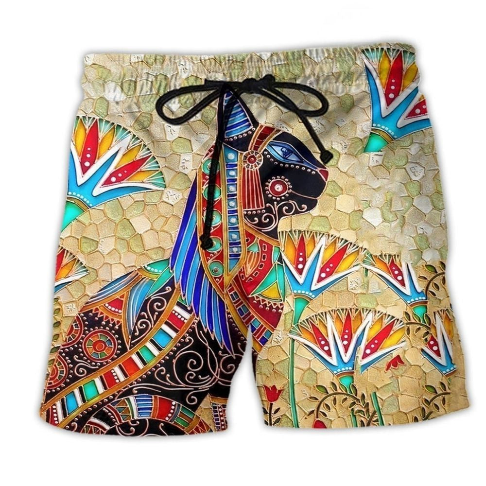 Hippie Egypt Cat Beach Shorts Artwork Detail For Animal Lover Gift Giving