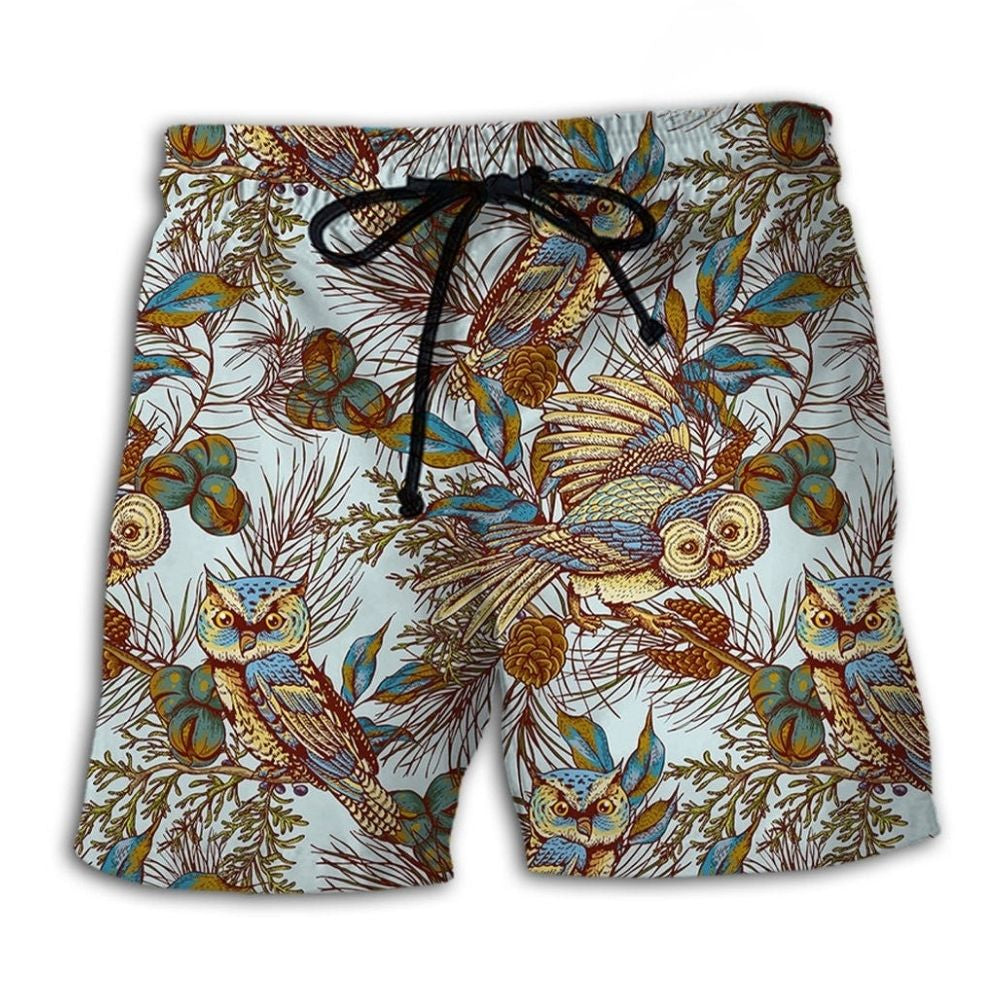 Vintage Owl Leaf Nature Beach Shorts For Tropical Getaways And Weekend Adventures