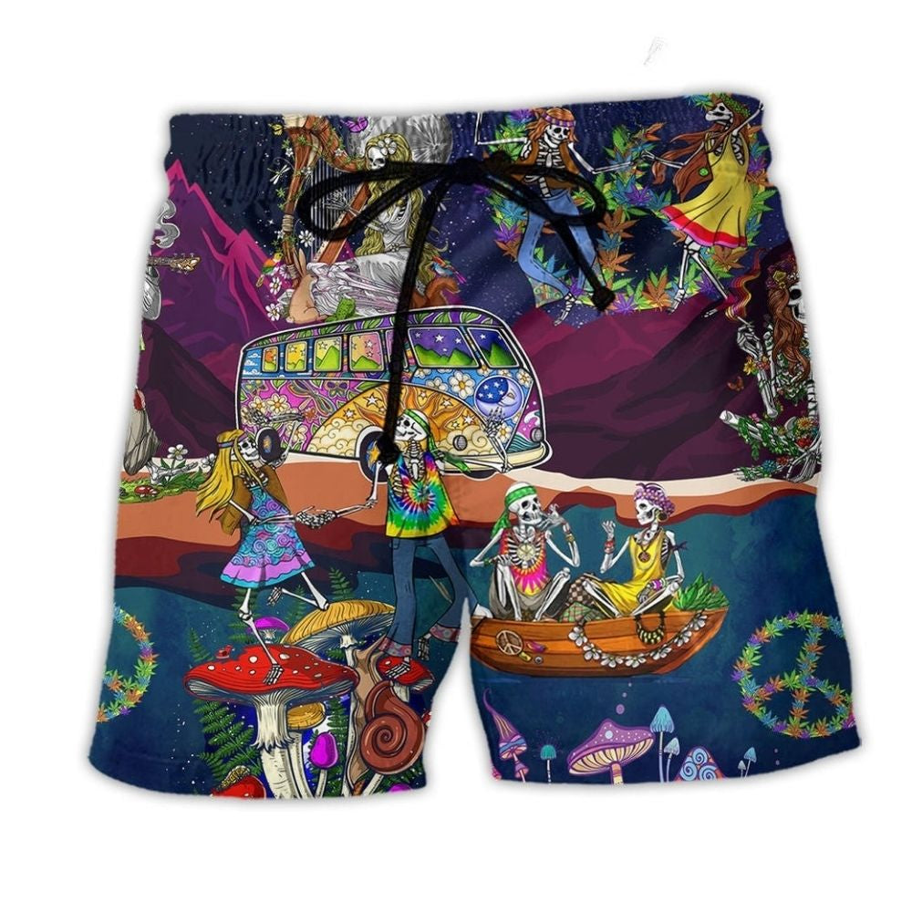 Hippie Skull Couple Vibrant Beach Shorts Pattern View For Relaxed Vacation Styling