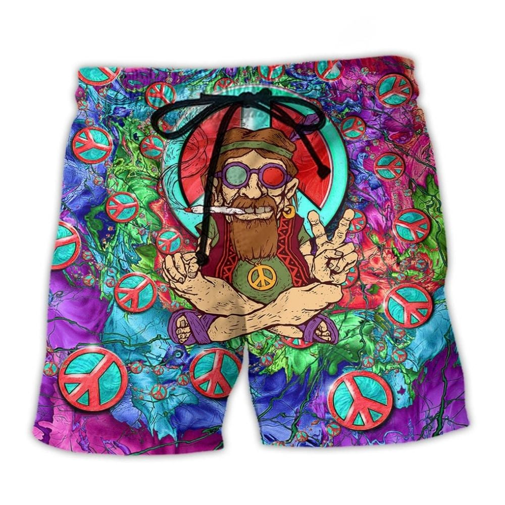 Hippie Peace Playful Colorful Beach Shorts Artwork Detail For Casual Warm Weather Outfits