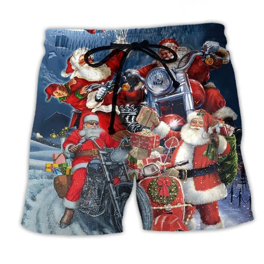 Christmas Santa Motorcycle Humor Beach Shorts Artwork Detail For Tropical Travel And Everyday Wear