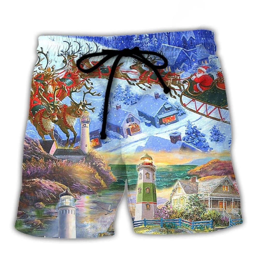 Christmas Lighthouse Santa Inspire Beach Shorts Pattern View For Vacation Travel And Outdoor Fun