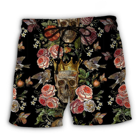 Skull And Flowers Artistic Contrast Beach Shorts Print View For Coastal Escapes And Casual Outings