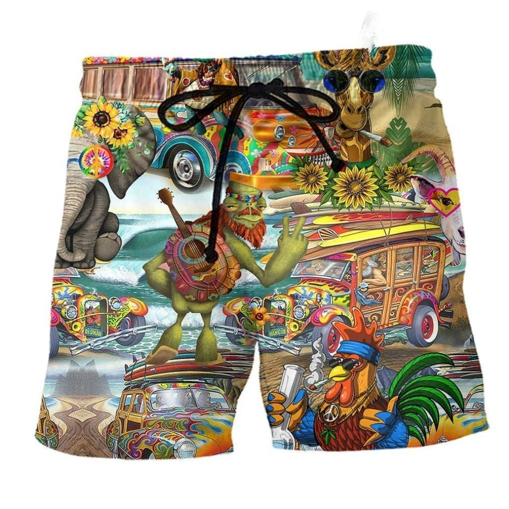 Hippie Floral Animals Happy Together Beach Shorts Print Detail For Thoughtful Gift Giving