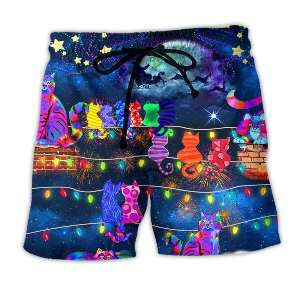 Christmas Cat Rooftop Beach Shorts For Coastal Road Trips And Leisure And Relaxation