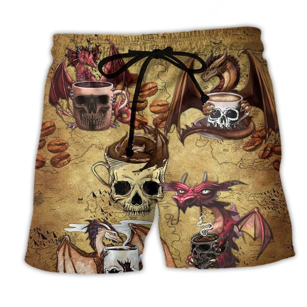 Dragon Coffee Skull Fantasy Beach Shorts For Vacation Travel And Everyday Comfort