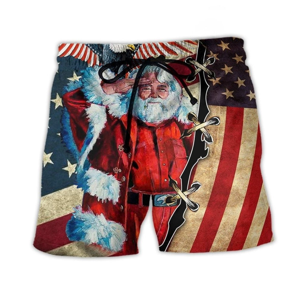 Christmas Patriotic Santa Beach Shorts For Festive Vacation And Holiday Travel