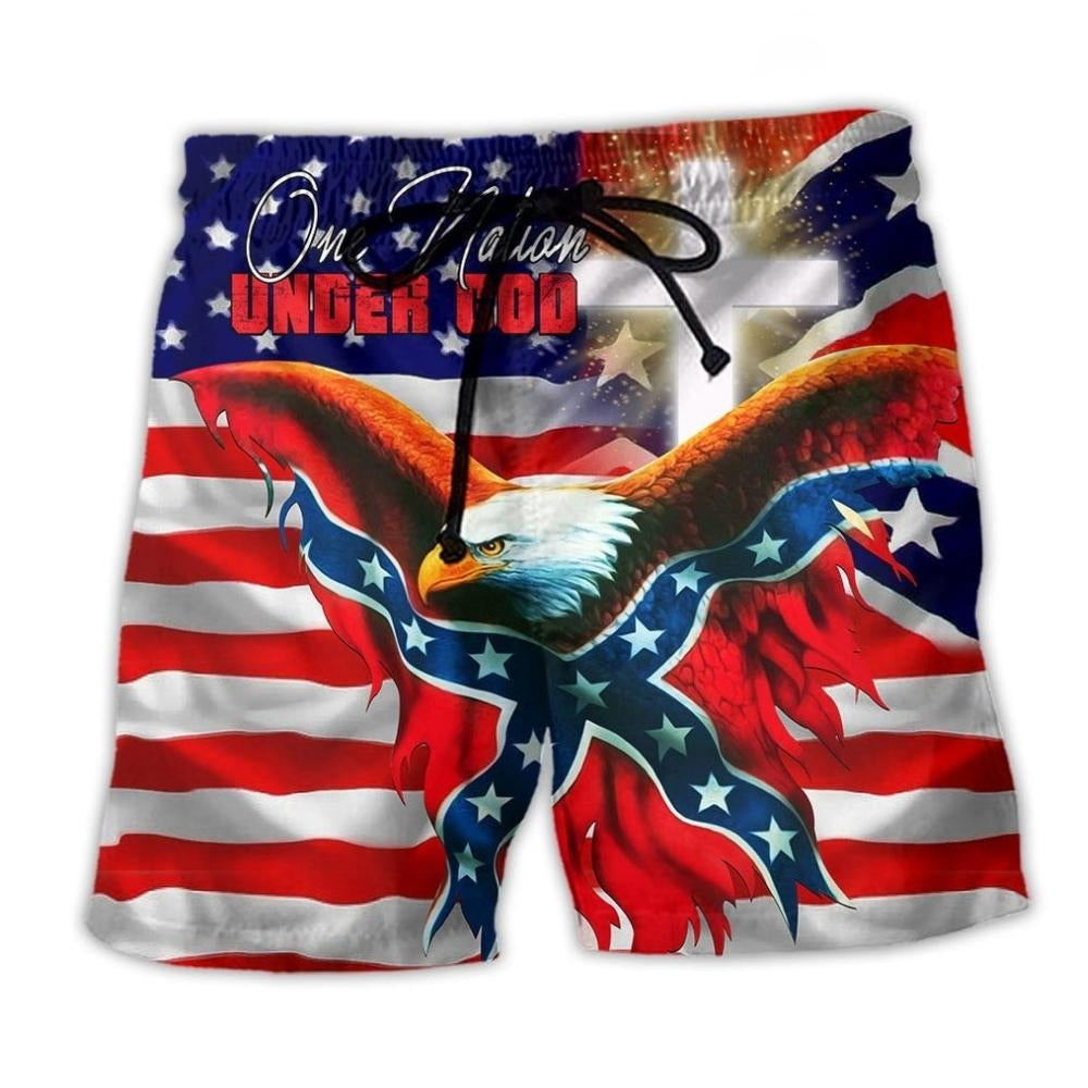 America One Nation Under God Flag Beach Shorts For Patriotic Summer Style And Coastal Trips
