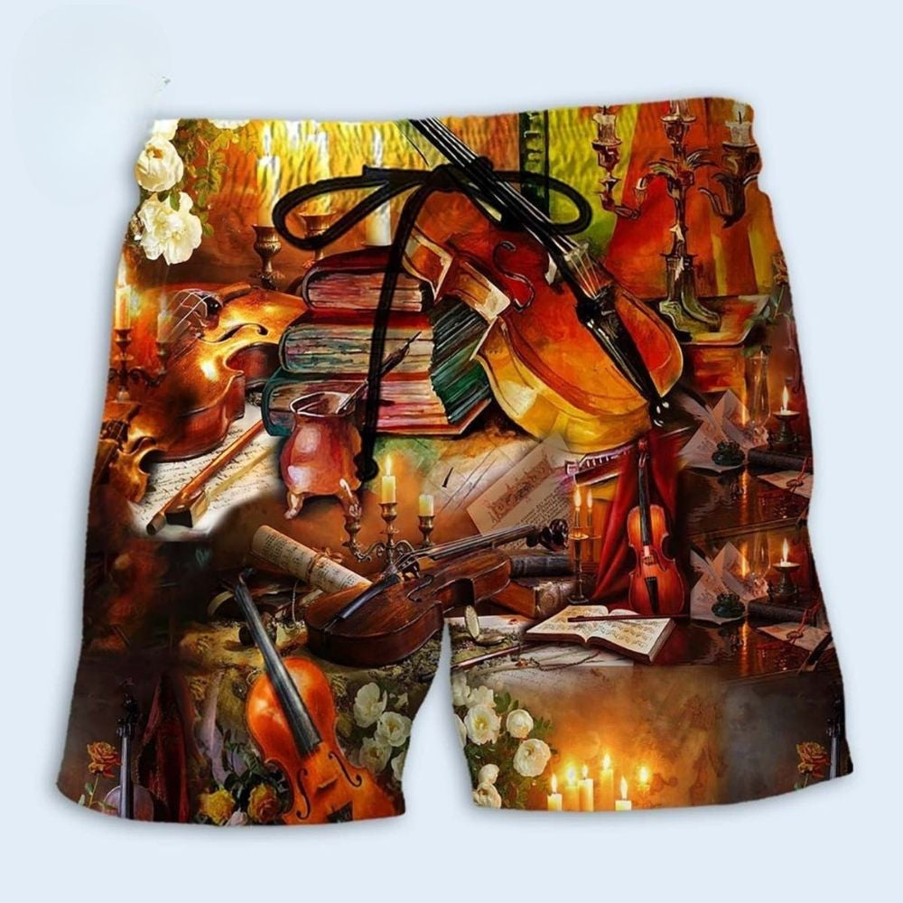 Violin Music In Candlelight Elegant Beach Shorts Artwork Detail For Comfortable Everyday Summer Wear