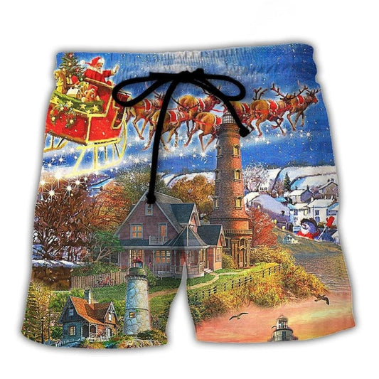 Christmas Lighthouse Shine Bright Beach Shorts Design View For Comfortable Resort And Beach Styling