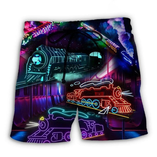 Neon Train Night City Beach Shorts Pattern View For Vacation Travel And Outdoor Fun