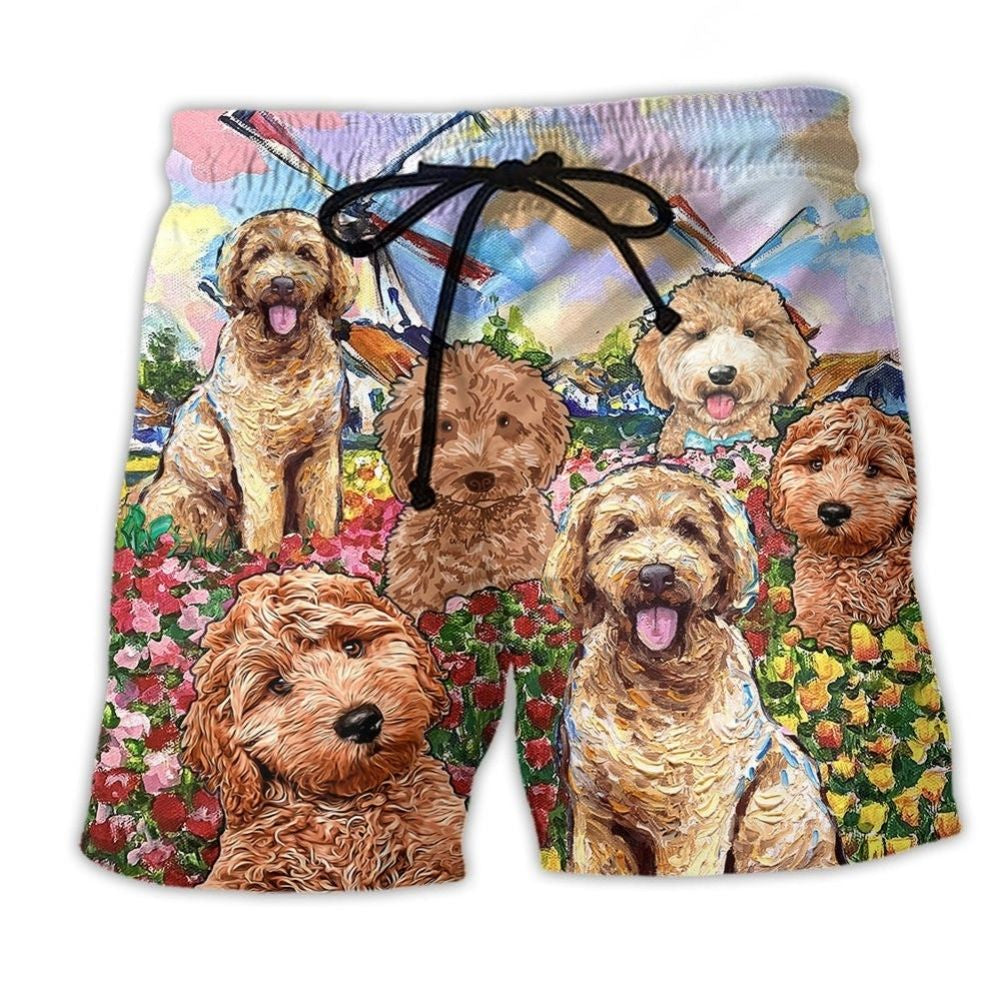 Goldendoodle With Flowers Dog Beach Shorts For Sunny Holidays And Comfortable Daily Styling