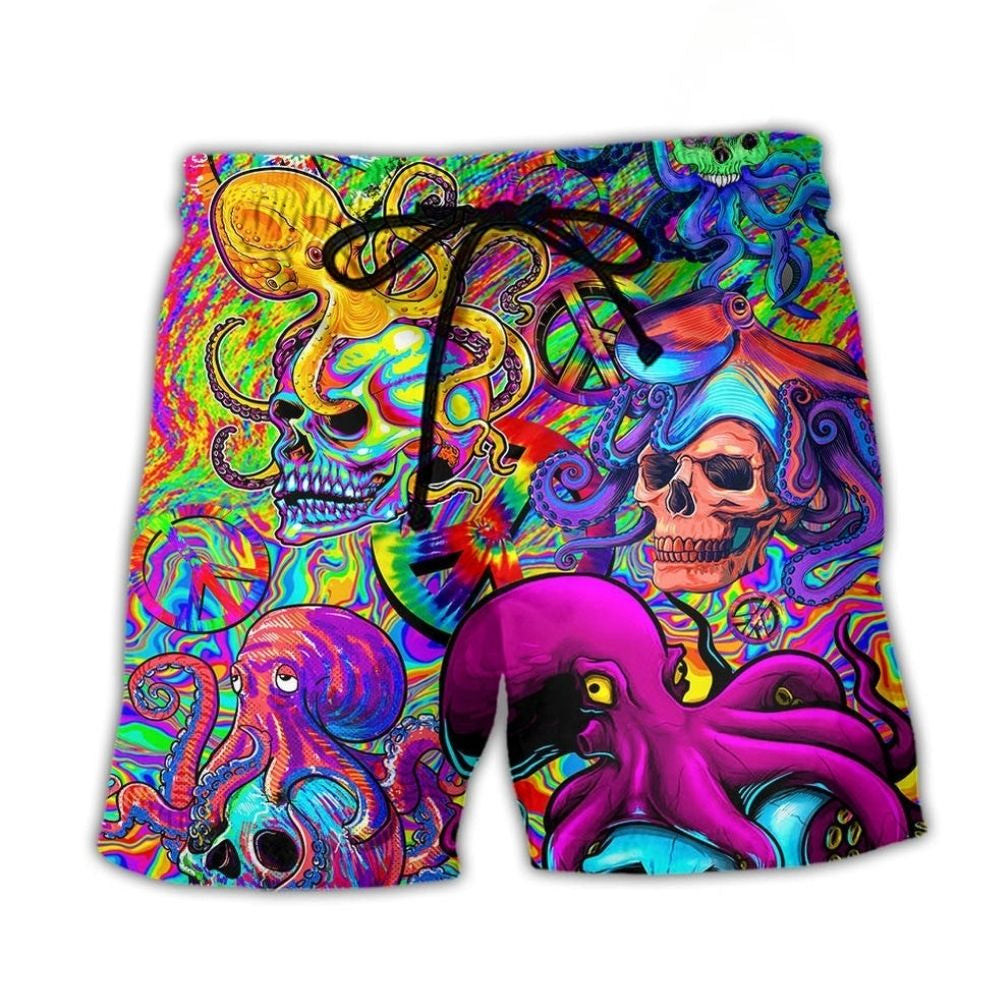 Colorful Hippie Skull Octopus Tie Dye Beach Shorts Pattern View For Resort Days And Outdoor Activities