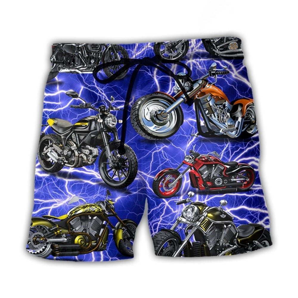Motorcycle Lover Blue Lightning Cool Beach Shorts Design Detail For Weekend Getaways And Beach Days