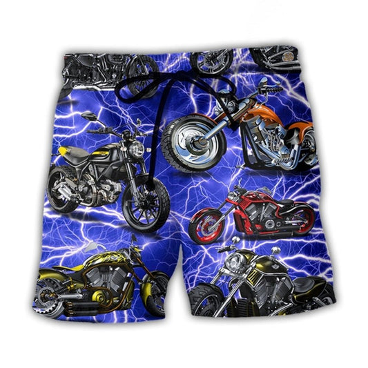 Motorcycle Lover Blue Lightning Cool Beach Shorts Design Detail For Weekend Getaways And Beach Days