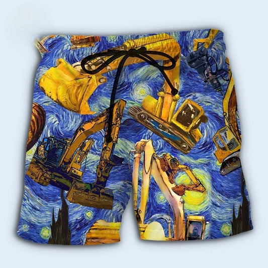 Excavator Funny Farewell Construction Beach Shorts Pattern Detail For Relaxed Warm Weather Outfits