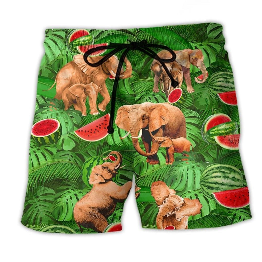 Elephant With Watermelon Funky Summer Beach Shorts Artwork Detail For Comfortable Everyday Summer Wear