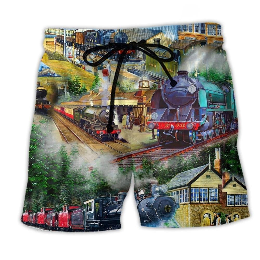 Train Journey Village Beach Shorts Print Detail For Relaxed Warm Weather Wear