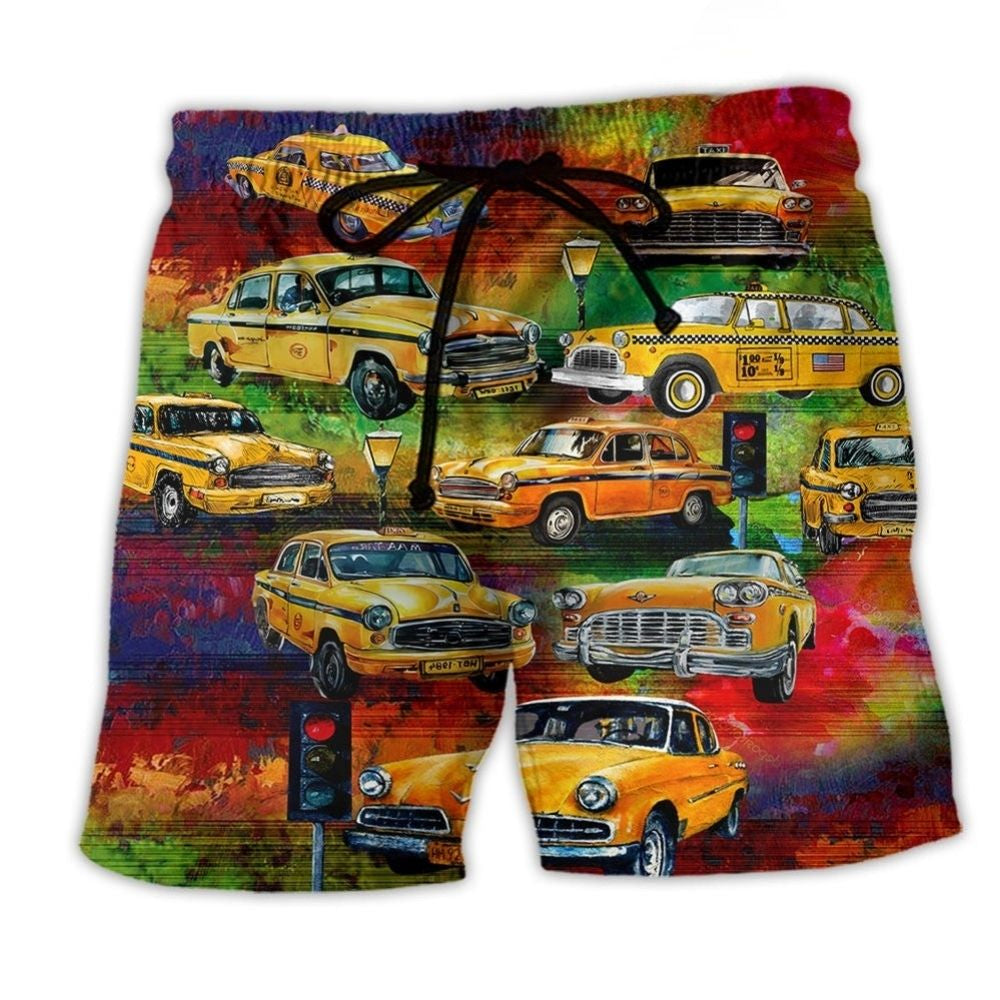 Vintage Yellow Car Night Beach Shorts For Warm Weather Outings And Vacation Ready Style