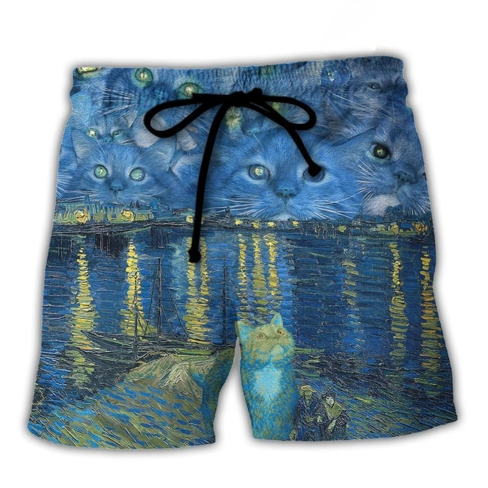 Starry Night Cat Artistic Beach Shorts For Beach Trips And Relaxed Vacation Styling