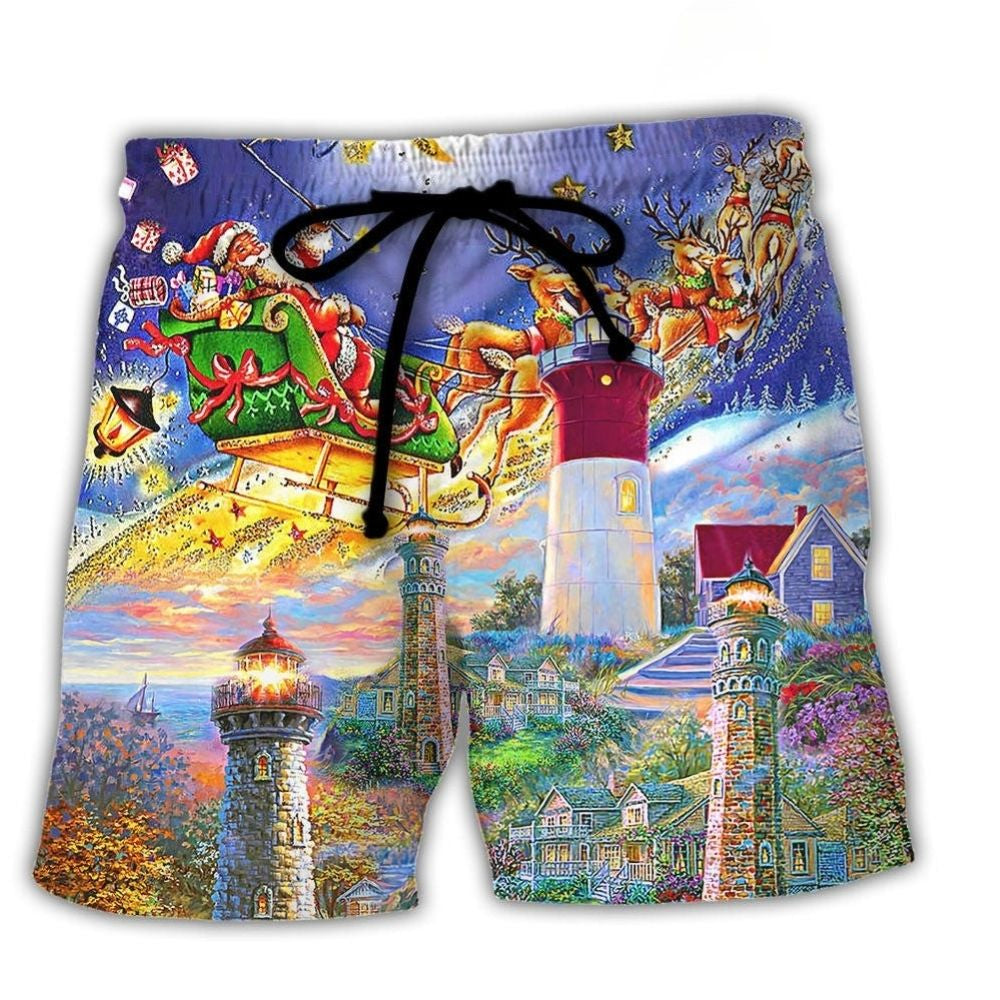 Christmas Lighthouse Home Light Beach Shorts Pattern View For Resort Days And Outdoor Activities