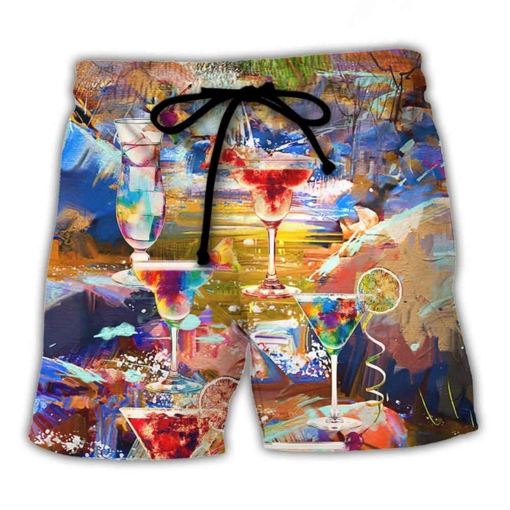 Cocktail Glass Party Vibes Beach Shorts Artwork Detail For Comfortable Everyday Summer Wear