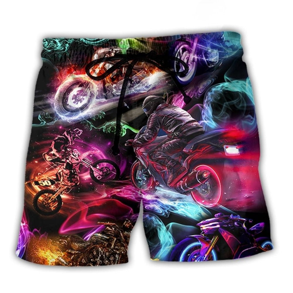 Neon Motorcycle Racing Colorful Beach Shorts Artwork Detail For Comfortable Everyday Summer Wear