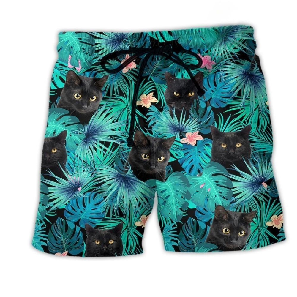 Cat Lover Black Beach Shorts Pattern View For Wildlife Fans And Beach Days