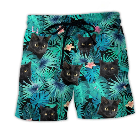 Cat Lover Black Beach Shorts Pattern View For Wildlife Fans And Beach Days