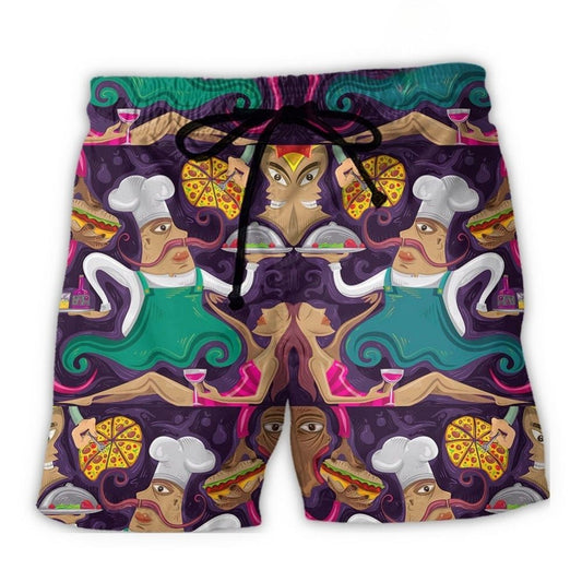 Funny Pizza Chef Food Lover Beach Shorts Pattern View For Vacation Travel And Outdoor Fun