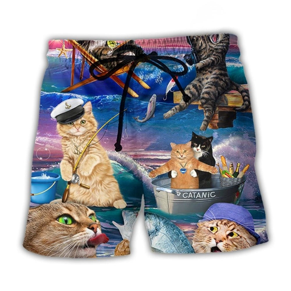 Cute Fishing Cat Beach Shorts For Tropical Getaways And Weekend Adventures
