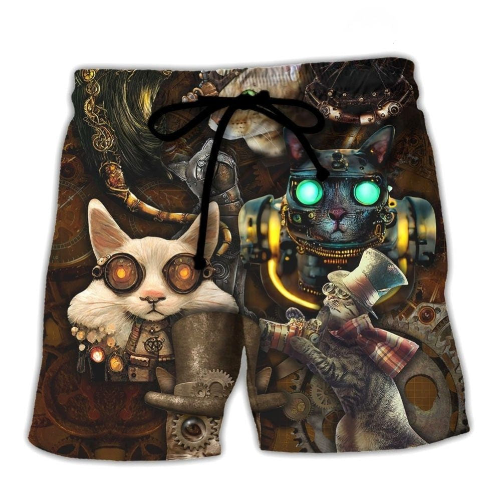 Steampunk Cat Heart Fantasy Beach Shorts Design View For Poolside Relaxation And Holiday Trips