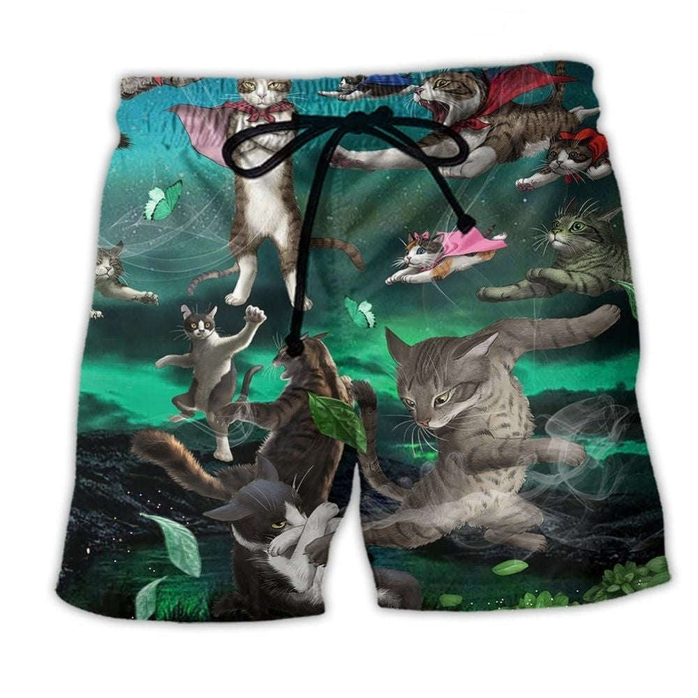 Epic Cat Battle Action Beach Shorts For Oceanfront Weekends And Relaxed Casual Style