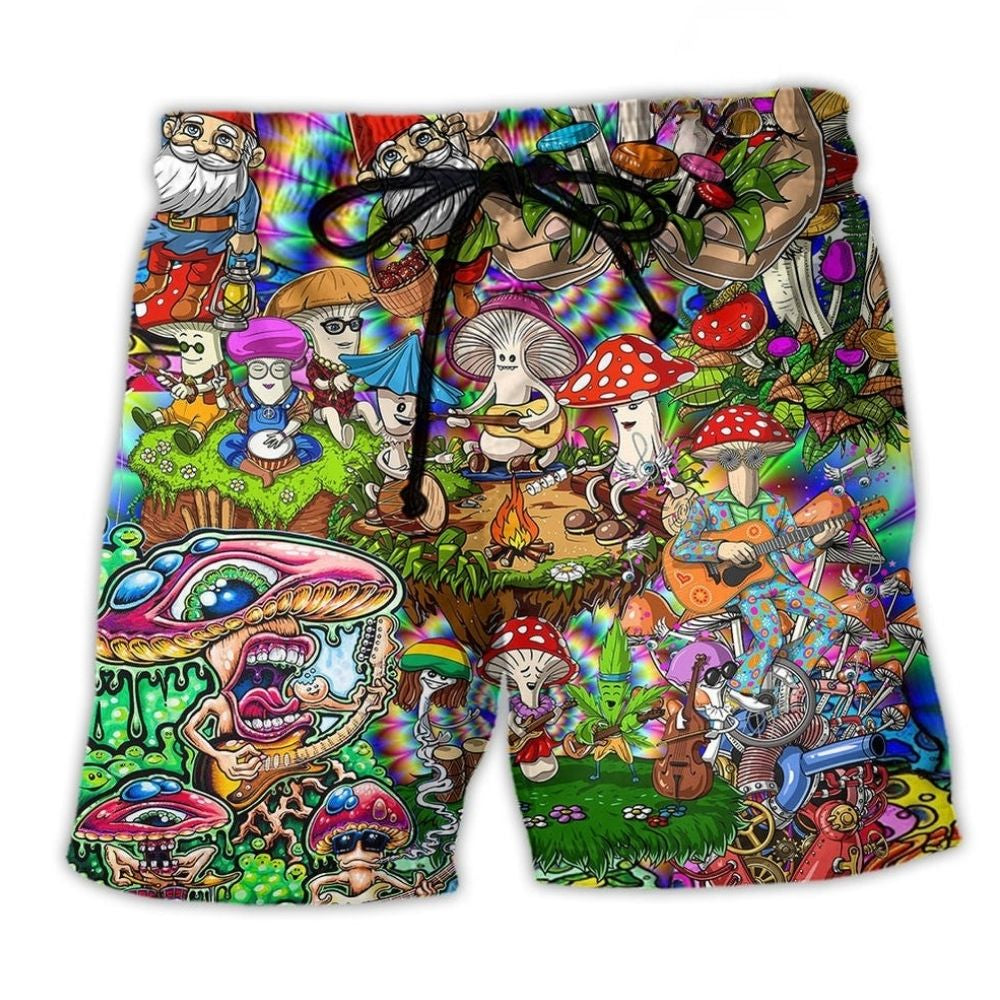 Hippie Mushroom Music Life Beach Shorts Design Detail For Weekend Getaways And Beach Days