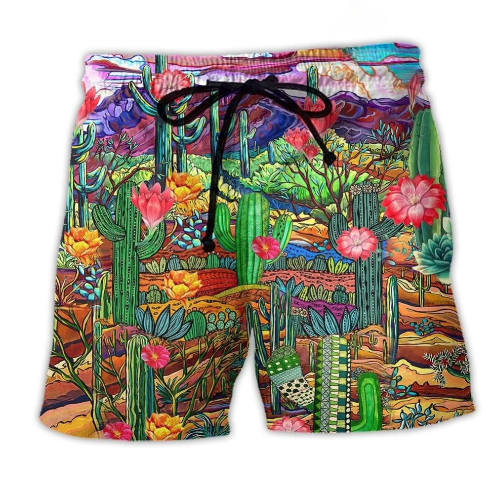 Cactus Flower Field Beach Shorts For Holiday Cruises And Comfortable Daily Wear