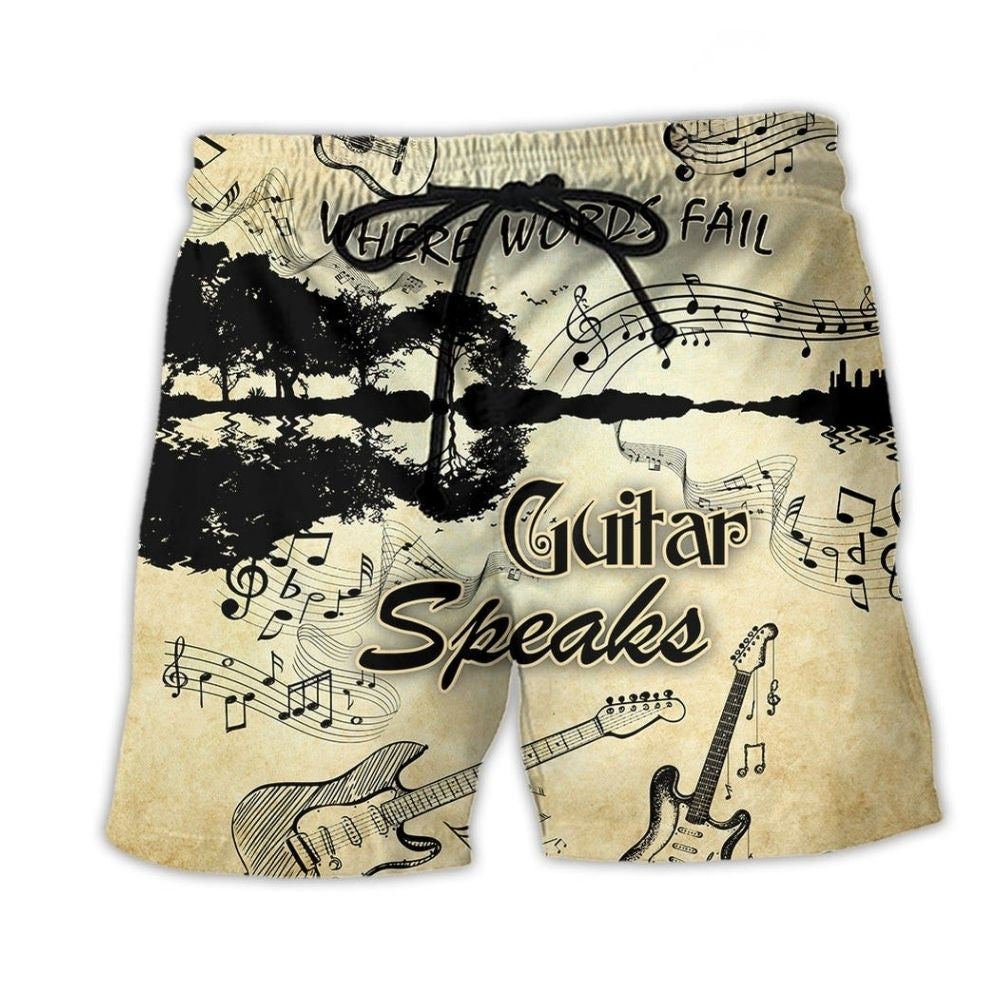 Guitar Music Speaks Beach Shorts Artwork Detail For Casual Warm Weather Outfits