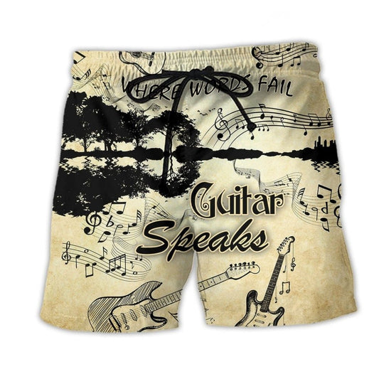 Guitar Music Speaks Beach Shorts Artwork Detail For Casual Warm Weather Outfits
