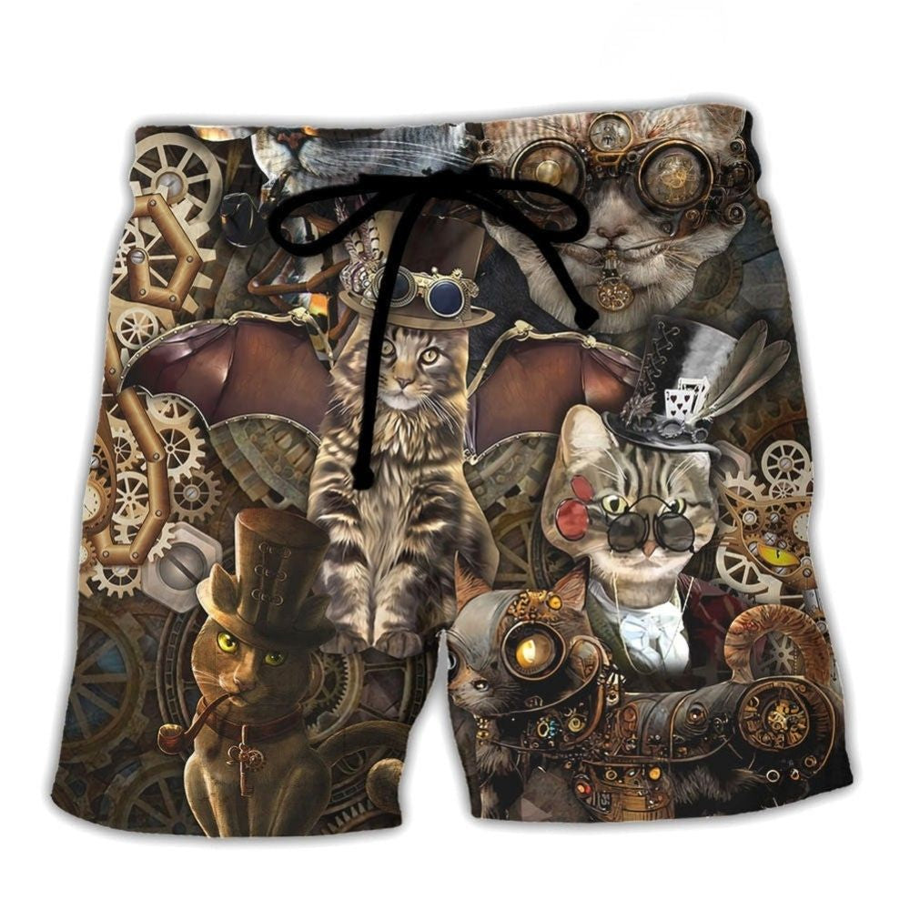 Steampunk Cat Wonderland Quote Beach Shorts Print Detail For Beach Activities And Vacation Wear