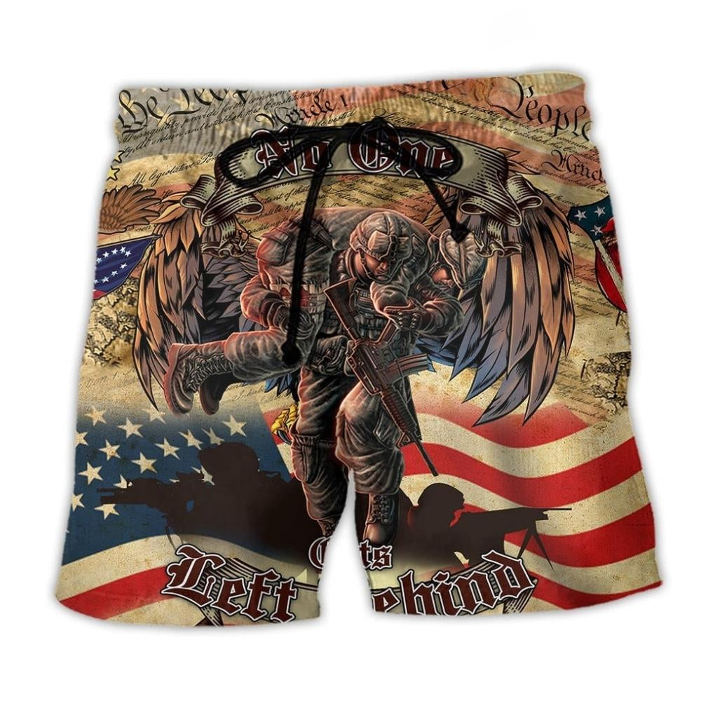 Veteran America No One Left Behind Beach Shorts Artwork Detail For Casual Warm Weather Outfits