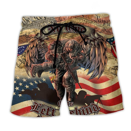 Veteran America No One Left Behind Beach Shorts Artwork Detail For Casual Warm Weather Outfits