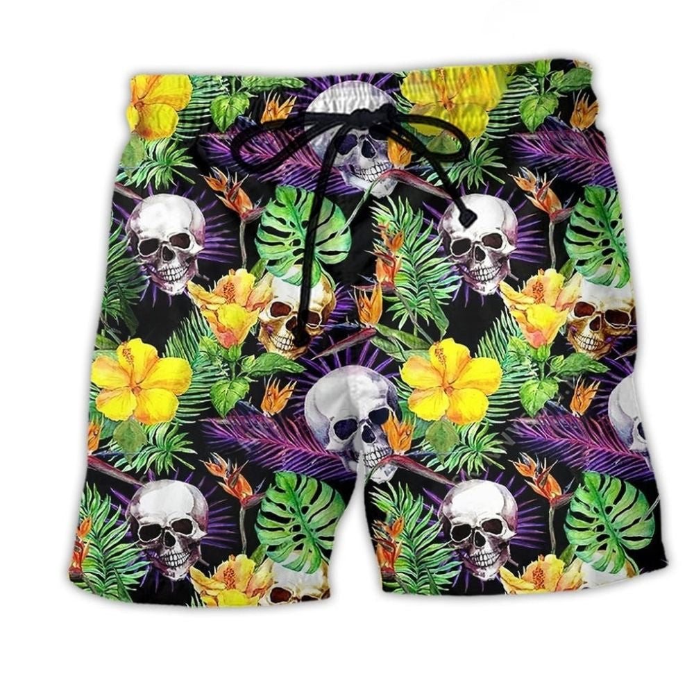 Skull Yellow Flower Beach Shorts For Island Escapes And Comfortable Daily Wear