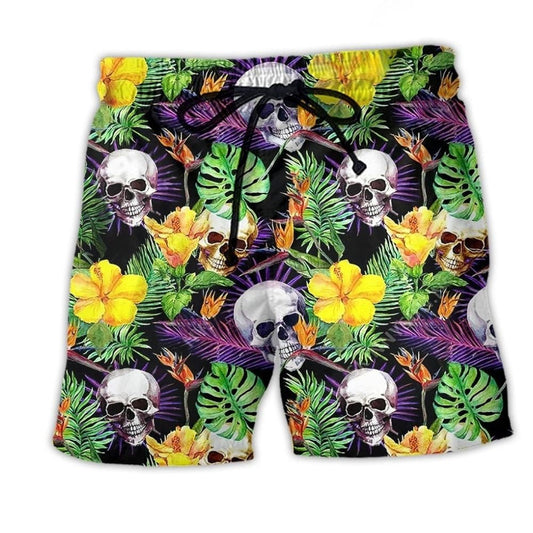 Skull Yellow Flower Beach Shorts For Island Escapes And Comfortable Daily Wear
