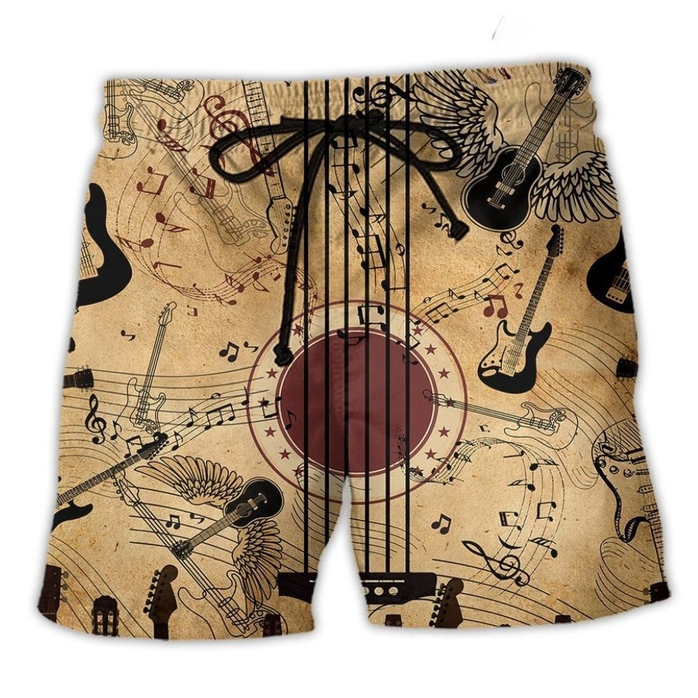 Music Guitar Vintage Beach Shorts Design Detail For Resort And Beach Day Style