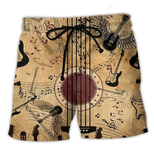 Music Guitar Vintage Beach Shorts Design Detail For Resort And Beach Day Style
